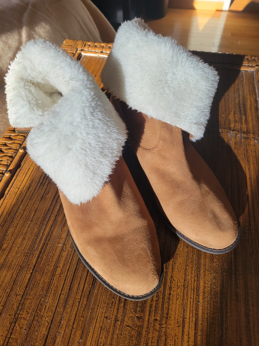 Maurices Tan Suede Ankle Boots with White Faux Fur Cuff